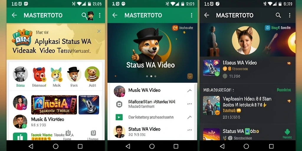 Screenshot antarmuka aplikasi MASTERTOTO yang menampilkan berbagai pilihan video status.