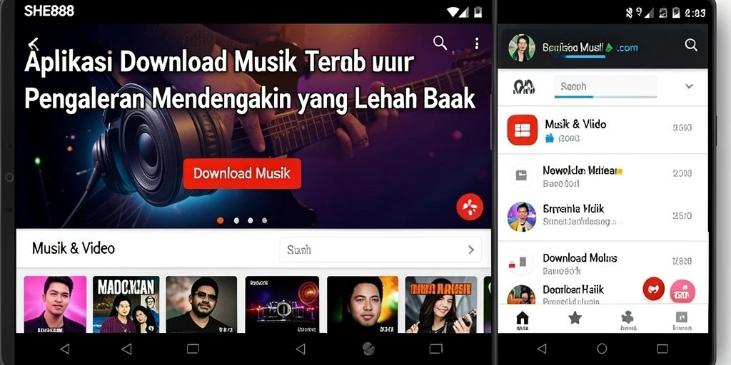 Tampilan antarmuka SHE888 yang sederhana untuk Download Musik.