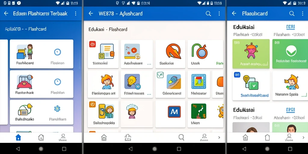 Screenshot antarmuka aplikasi Flashcard WE878 yang menampilkan fungsi belajar interaktif.